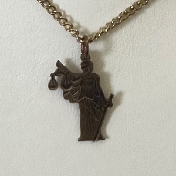 2/$20 Lady Justice, gold tone pendant & chain. 18” long. Lobster clasp. - Picture 14 of 14